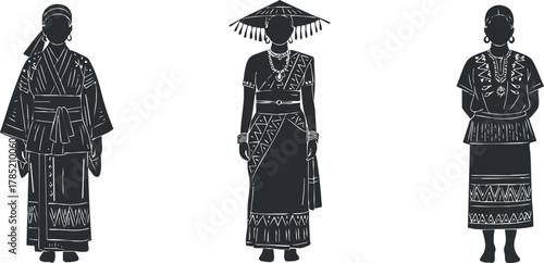 Set of three black and white silhouette vector illustrations depicting traditional ethnic clothing and accessories for women
