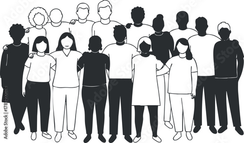 Vector illustration of a diverse group of people standing together, showcasing unity and collaboration in a modern style