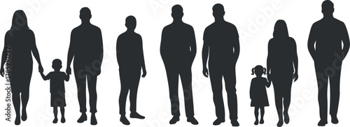 Silhouette vector illustration of diverse family members, showcasing various adults and children together for community and relationship concepts