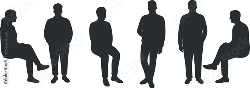 Collection of minimalist black and white silhouette vector illustrations of diverse people in various poses for design projects.