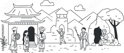 Line art illustration depicting a traditional village scene with cultural characters, buildings, and mountainous background for storytelling and educational purposes