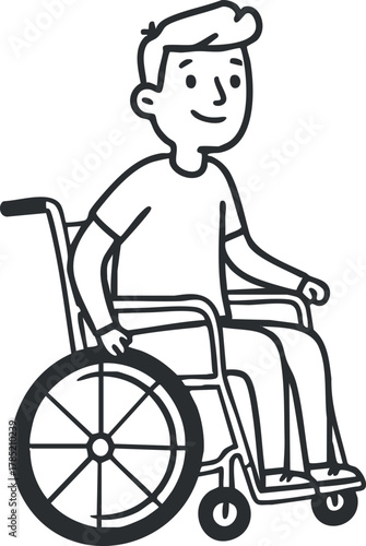 Line art illustration of a smiling person in a wheelchair, representing accessibility and inclusivity for design projects