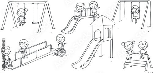 Playful vector illustration of a children's playground featuring swings, slides, and kids playing together in a fun outdoor setting