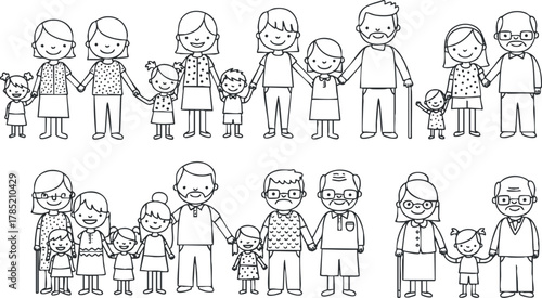 Outline vector illustration depicting a diverse family holding hands, showcasing love and togetherness in a playful style