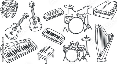 Doodle style vector illustration featuring a collection of musical instruments including guitars, drums, keyboards, and a harp for creative projects.
