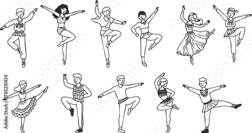 Stylized vector illustration set of dancers in various poses showcasing different dance styles for creative projects