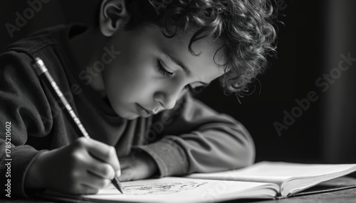 Young boy concentrates intently on his drawing in a notebook. He holds a pencil, focused on creating art. His curly hair frames his thoughtful expression as he sketches ideas.
