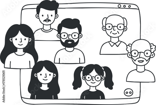 Minimalist black and white vector illustration of diverse avatars participating in an online video call for digital communication and teamwork