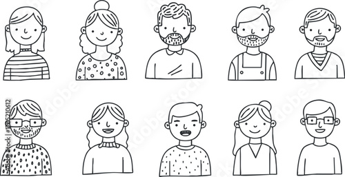 Minimalist line art vector illustration featuring diverse characters with various hairstyles and expressions, ideal for social and community themes