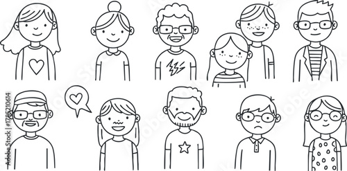 Collection of cute line art characters featuring diverse people with various hairstyles and expressions, perfect for social or community-themed projects