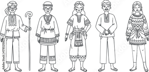 Line art vector illustration of diverse individuals in traditional clothing, showcasing cultural attire and accessories for educational or artistic projects