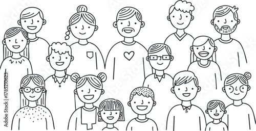 Line art vector illustration of a diverse group of happy people representing community and togetherness for social projects