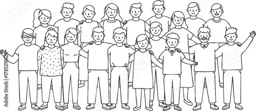Outline vector illustration of a diverse group of people standing together, showcasing unity and teamwork for social contexts