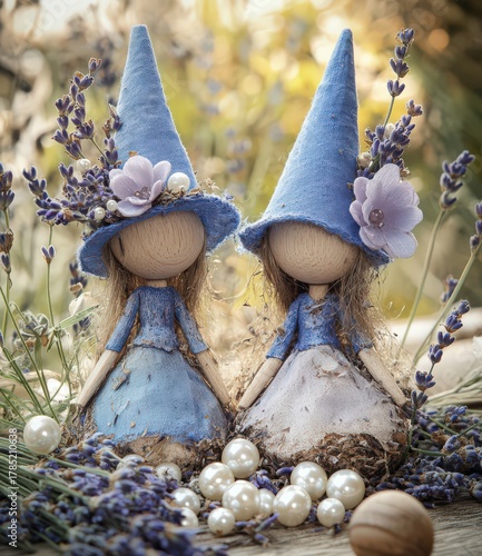 Delicate fairy dolls adorned with lavender flowers bringing charm to a dreamy garden scene