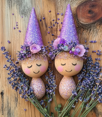 Whimsical wooden dolls adorned with lavender and crystal chips in a charming fairy garden setting