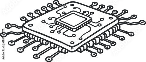Outline vector illustration of a microchip design, suitable for technology and electronics projects, representing innovation and connectivity