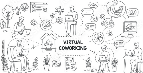 Line art illustration depicting virtual coworking with people working remotely, ideal for digital collaboration and workspace concepts