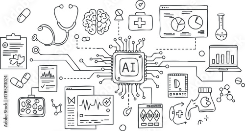 Illustrative vector artwork showcasing AI in healthcare with medical icons, data analytics, and technology elements for design projects.