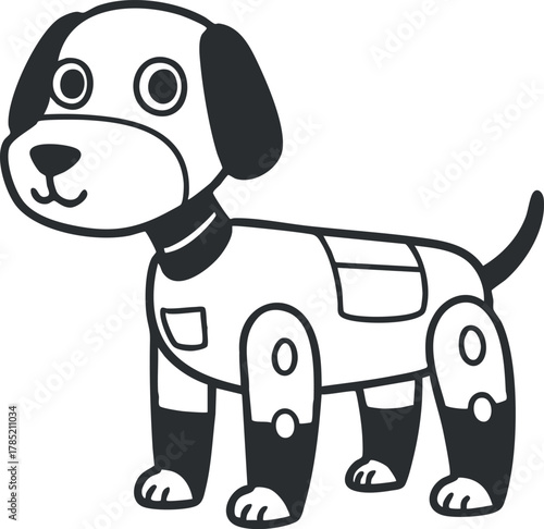 Playful vector illustration of a cute robotic dog character in a minimalist black and white style for children's design projects