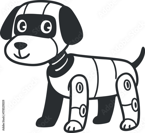 Playful cartoon vector illustration of a robotic dog character designed in black and white style for children's projects