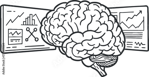 Line art vector illustration of a brain with data analytics charts for business intelligence and strategic planning