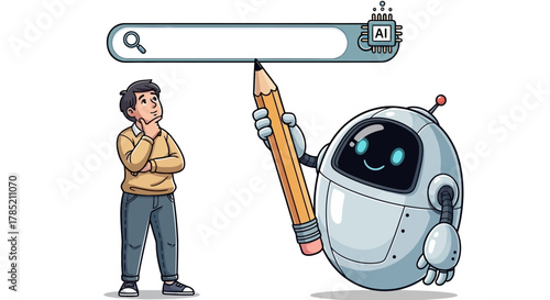 Ai assistant helping a man write search query in a digital search bar illustrating ai-powered solutions and technological innovation.
