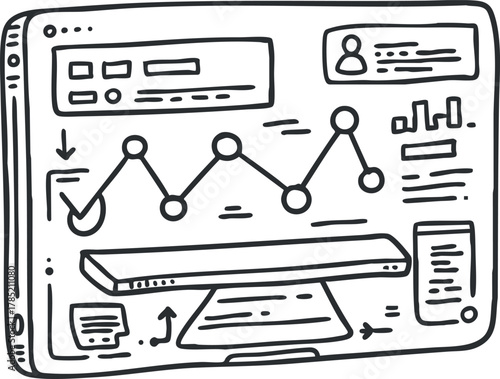 Hand-drawn vector illustration of a digital dashboard featuring data analytics, graphs, and performance metrics for business use