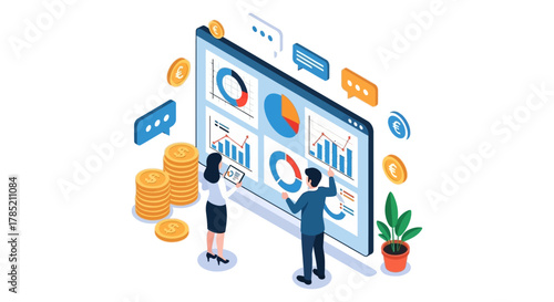 financial data analysis business people examining interactive dashboard with charts graphs  statistics for strategic planning  investment insights