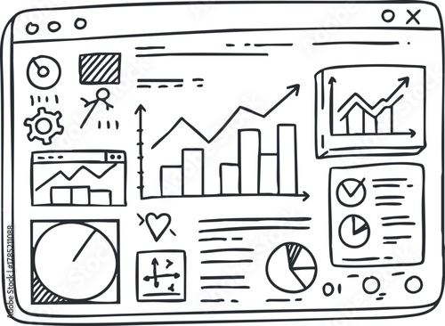 Hand-drawn vector illustration of a data analytics dashboard featuring graphs, charts, and statistics elements for business presentations.