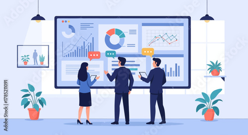 business data analysis team reviewing charts for strategic decision making in a modern office promoting data-driven success and company growth.