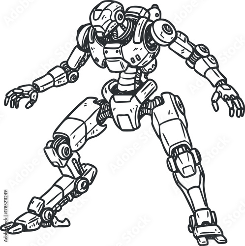 Detailed hand-drawn vector illustration of a dynamic robot character in a striking pose for technology and design projects