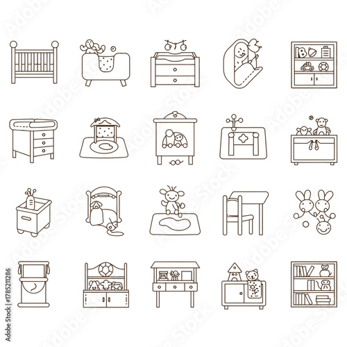 baby furniture icons nursery room linear elements representing baby care  childhood design for interior decor projects perfect for parenting blogs