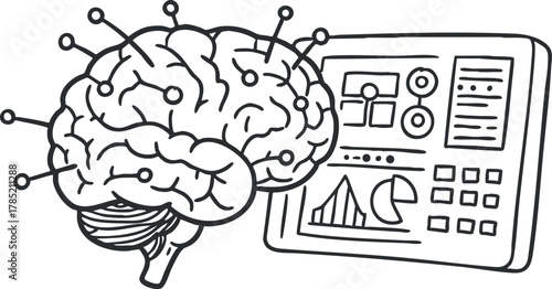 Outline vector illustration of a brain connected to data analytics interface for technology and cognitive design projects