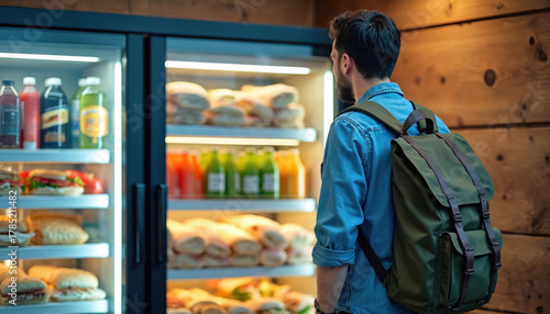 Man with backpack looks at display fridge filled with sandwiches and drinks. Traveler buys meal and beverage before journey. Concept of fast food convenience store.
