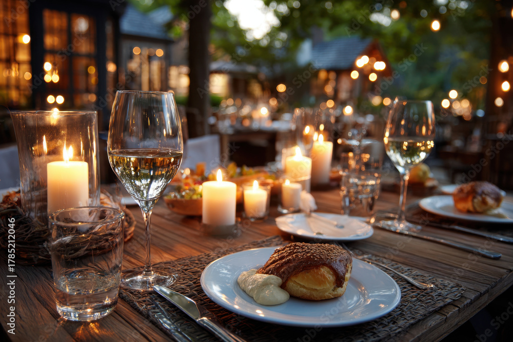 Fototapeta premium Romantic Dinner Table Setting Outdoors at Twilight