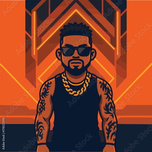 Guy with tattoos and sunglasses posing against an orange neon geometric background.