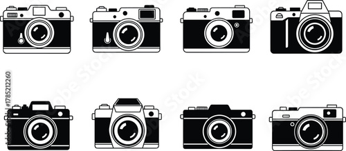 Collection of Vintage and Retro Camera Icons in Black and White Minimalist Style – Classic Photography Equipment Illustration Set