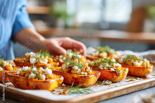 Hands filling roasted butternut squash halves topped with feta, herbs, and nuts on a baking sheet. Perfect for seasonal cooking, healthy recipes, or fall holiday menus.