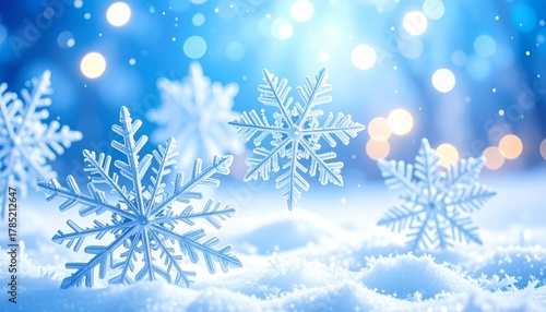 雪 雪の結晶 冬 雪景色 雪原 ブルー 白 ボケ 光 幻想的 キラキラ クリスマス ホリデー 氷 冷たい 静寂 背景 抽象 デザイン 清らか