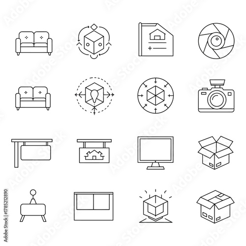 real estate icon set featuring virtual staging tools property documents photography equipment for property marketing and relocation services