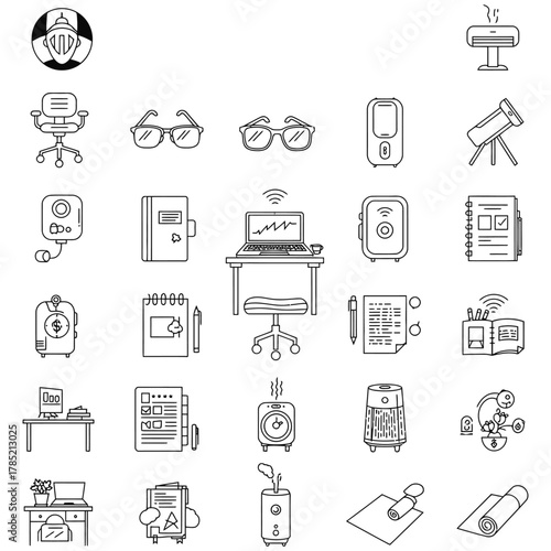 workspace outline icons open notebook desktop computer office chair houseplants air purifier heater illustrating remote work setups