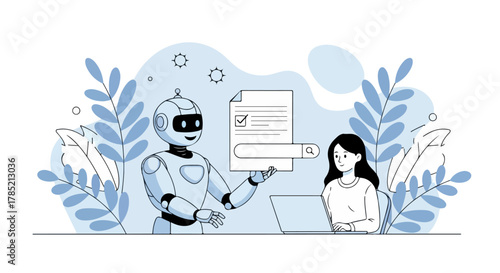 AI assistant helping woman with search robot assisting user with online search on laptop illustrating digital transformation  tech support