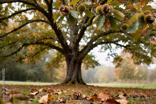 Mature sweet chestnut tree (Castanea sativa) with ripe spiky husks on branches, trunk and branches fully visible, scattered autumn leaves on the ground, soft background bokeh, natural cinematic light 