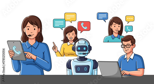 Customer service team with chatbot support agents assisting clients with digital solutions perfect for illustrating tech support and AI assistance.