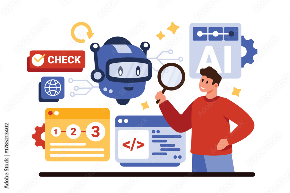 custom made wallpaper toronto digitalControl over work and support of AI assistant and automation services. Tiny man learning robots answers to questions through magnifying glass, working with software code cartoon vector illustration