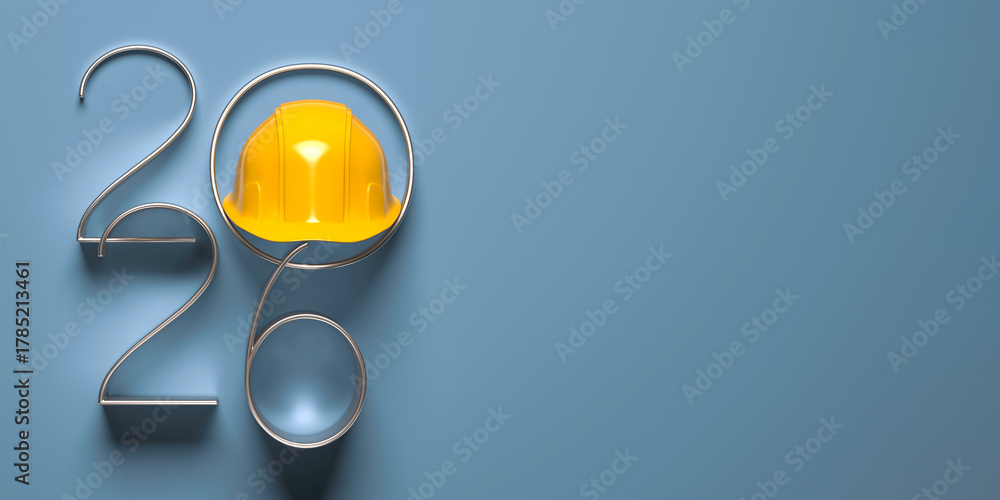 Fototapeta premium 2026 New Year design template with yellow protective helmet. 3D render illustration.