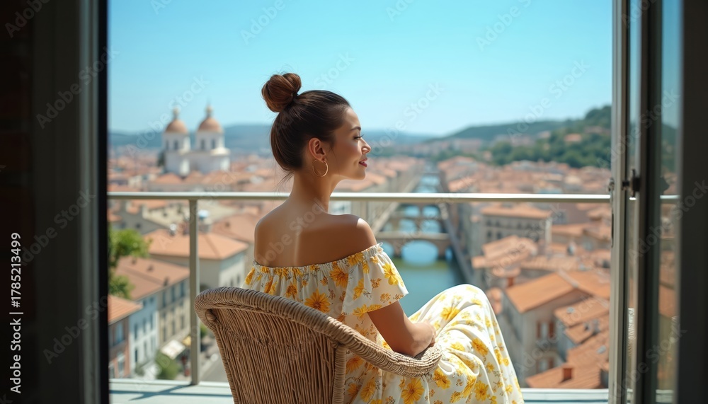 Obraz premium Woman rests on balcony with cityscape views. Lady enjoys travel to Europe, sitting on chair. Female wearing floral dress looks at urban skyline. Vacation in vintage european city from rooftop.