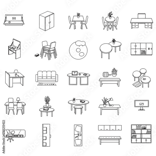office furniture outline icons featuring desk chair and table arrangements illustrating workspace design and ergonomic planning for modern office interiors.