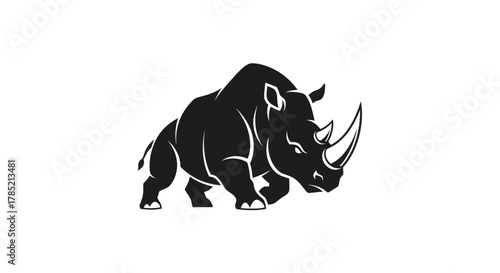 Bold silhouette of a rhinoceros in black and white against a white background