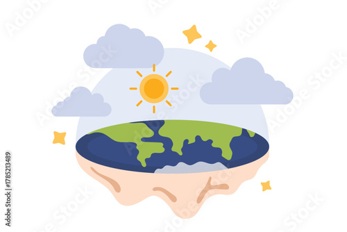 Flat Earth conspiracy theory, fake pseudoscience and disinformation about universe. Funny round land disc with oceans and continents on map under bubble of atmosphere cartoon vector illustration
